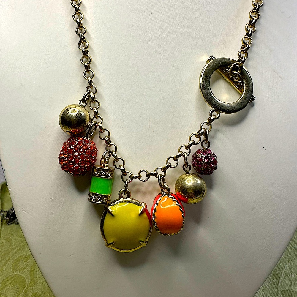 Betsy J. (Style) Gold Necklace Colorful Charms Toggle Vintage Enamel Rhinestone
